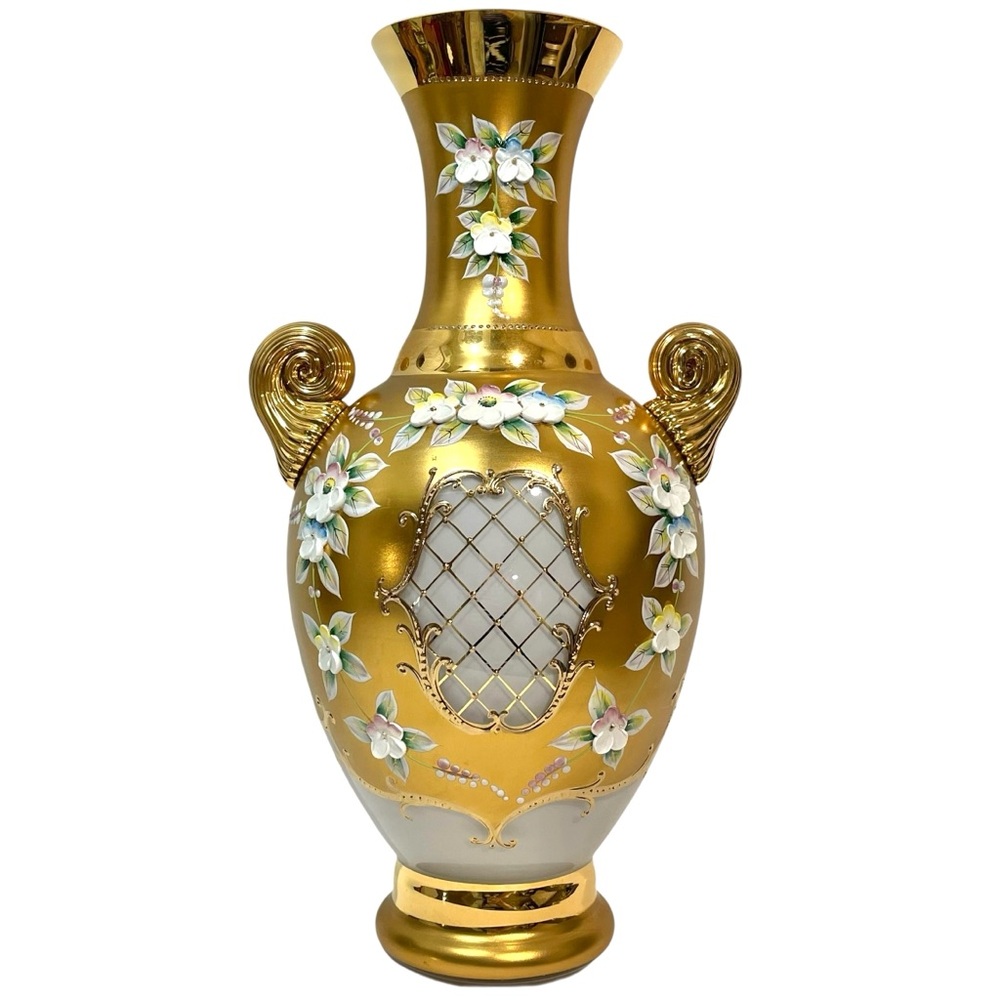 Vintage 1950s Venetian Murano Tre Fuochi 24K Gold White Glass 11.5" Vase Enamel